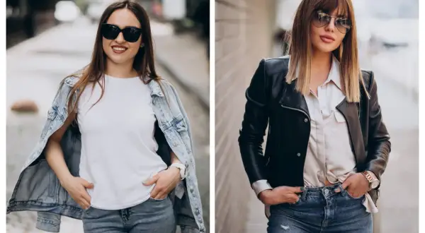 Dwie kobiety prezentują stylowy outfit na koncert: jedna w jeansowej kurtce i białej koszulce, druga w skórzanej ramonesce i satynowej bluzce.