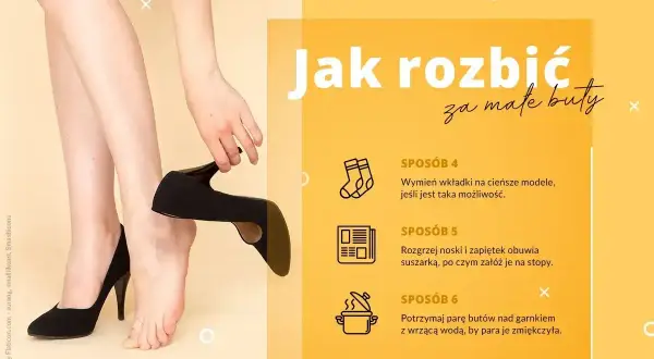 Nogi w czarnych szpilkach, jedna ręka poprawia but. Porady, jak rozbić buty, gdy nowe buty obcierają.