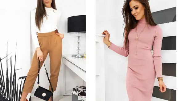 Kobieta o figurze klepsydry w eleganckich stylizacjach: po lewej w białym golfie i brązowych spodniach, po prawej w różowej sukience.