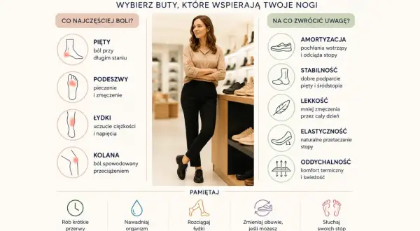 Jakie buty do pracy stojącej? Kobieta w sklepie obuwniczym pokazuje, na co zwrócić uwagę przy wyborze obuwia, by uniknąć bólu stóp i nóg.