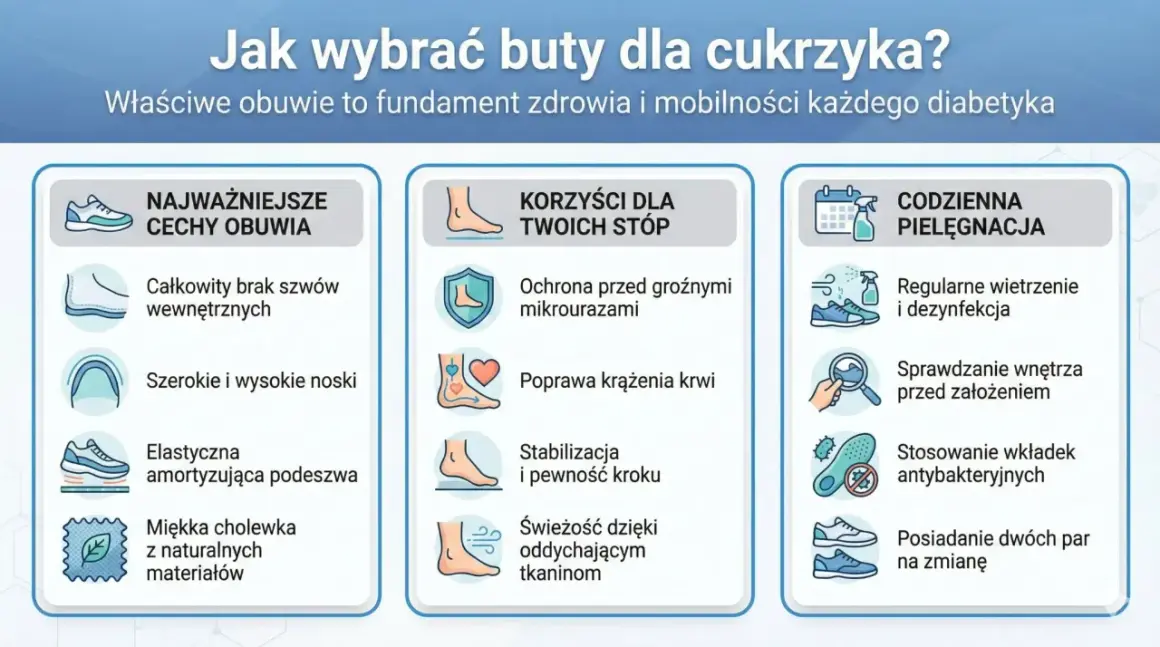 Wybór odpowiednich butów dla cukrzyka: brak szwów, szerokie noski, amortyzacja. Dbaj o stopy, by uniknąć urazów i poprawić krążenie.