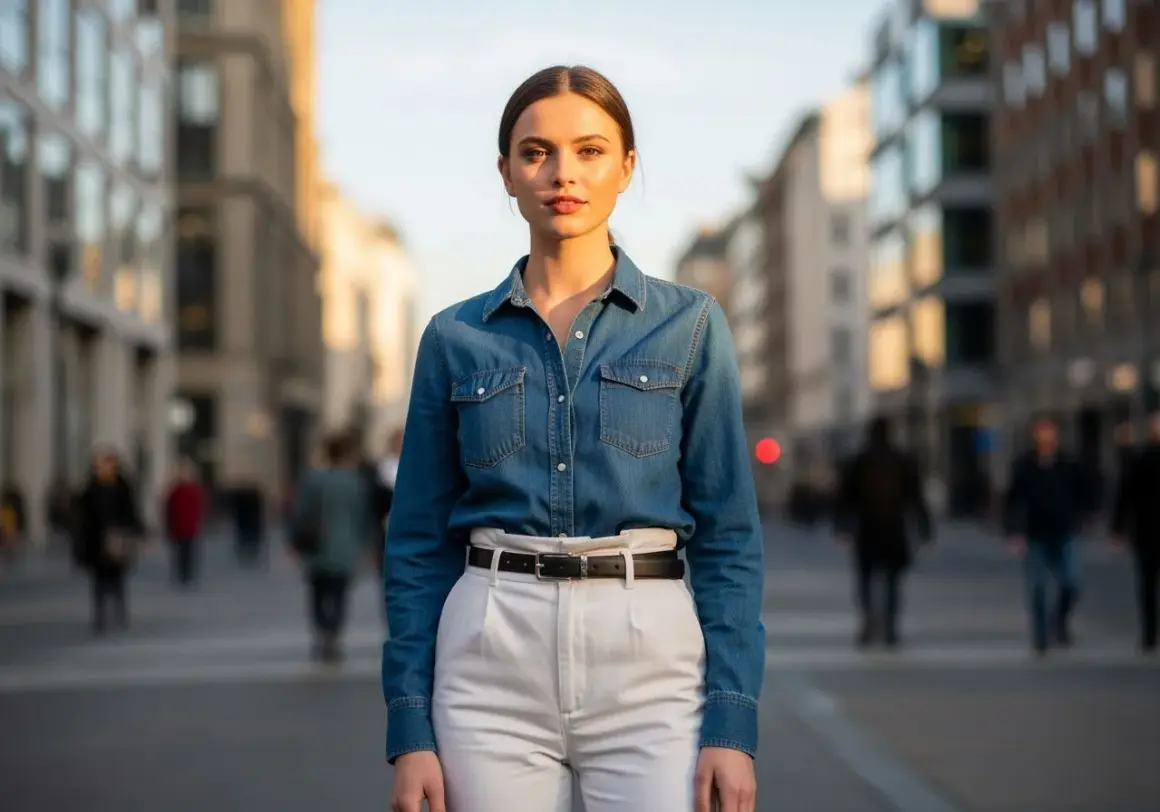 Koszula jeansowa z czym łączyć? Modelka w miejskiej scenerii prezentuje stylizację z jasnymi spodniami i czarnym paskiem.