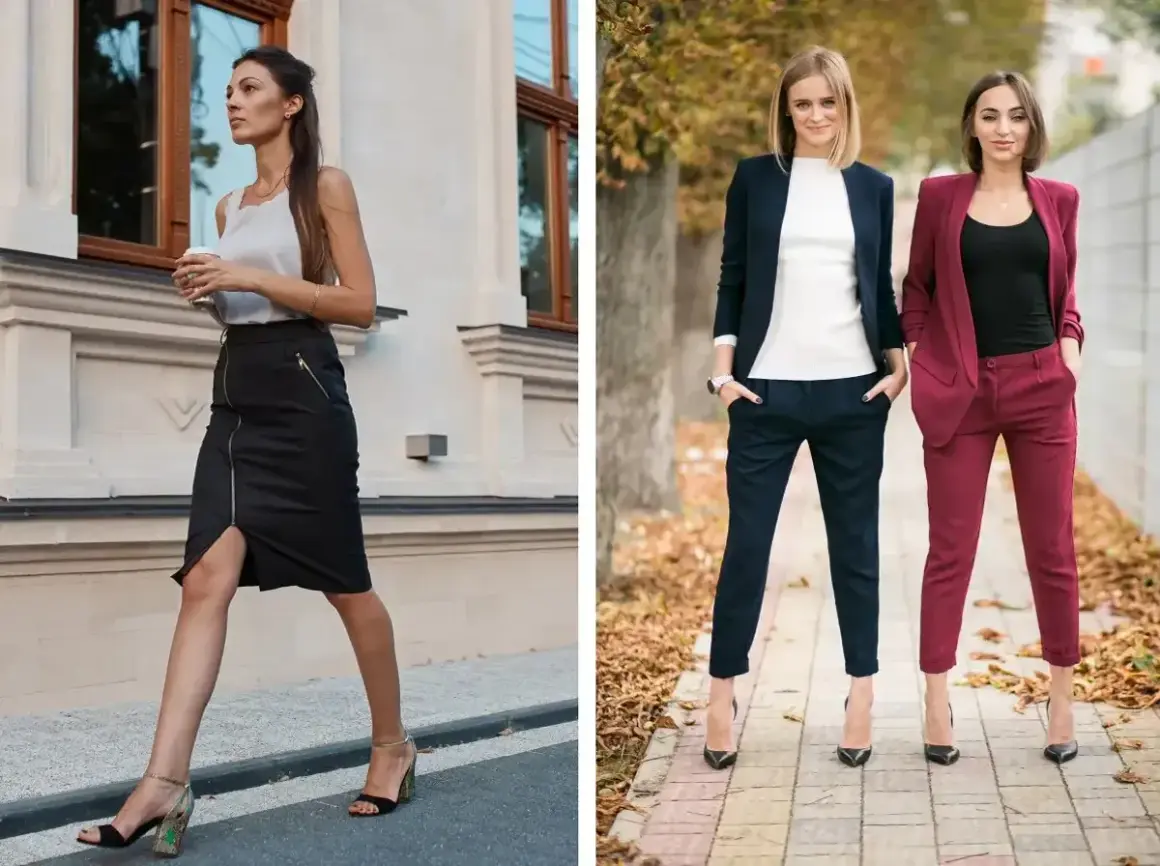 Eleganckie stylizacje na imprezę firmową: czarna spódnica z zamkiem i szpilki lub garnitur w granacie lub bordo.