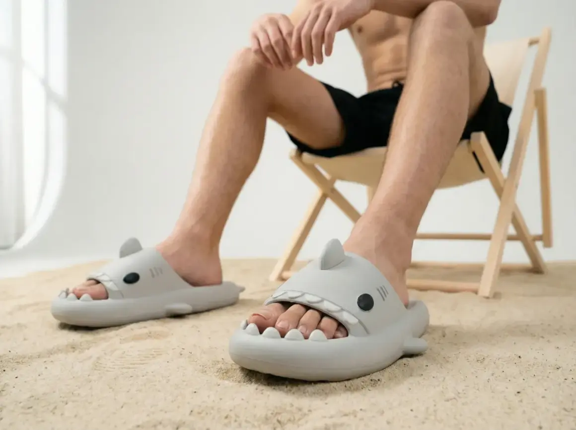 Mężczyzna w klapkach rekinach siedzi na krześle. Czy 28.5 cm jaki to rozmiar buta?