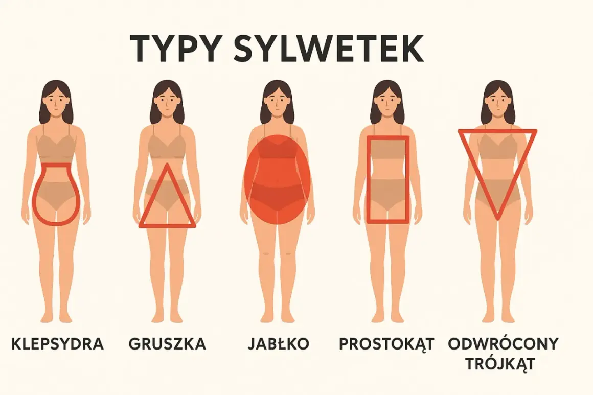 Ilustracja pokazuje pięć typów sylwetki: klepsydra, gruszka, jabłko, prostokąt i odwrócony trójkąt.