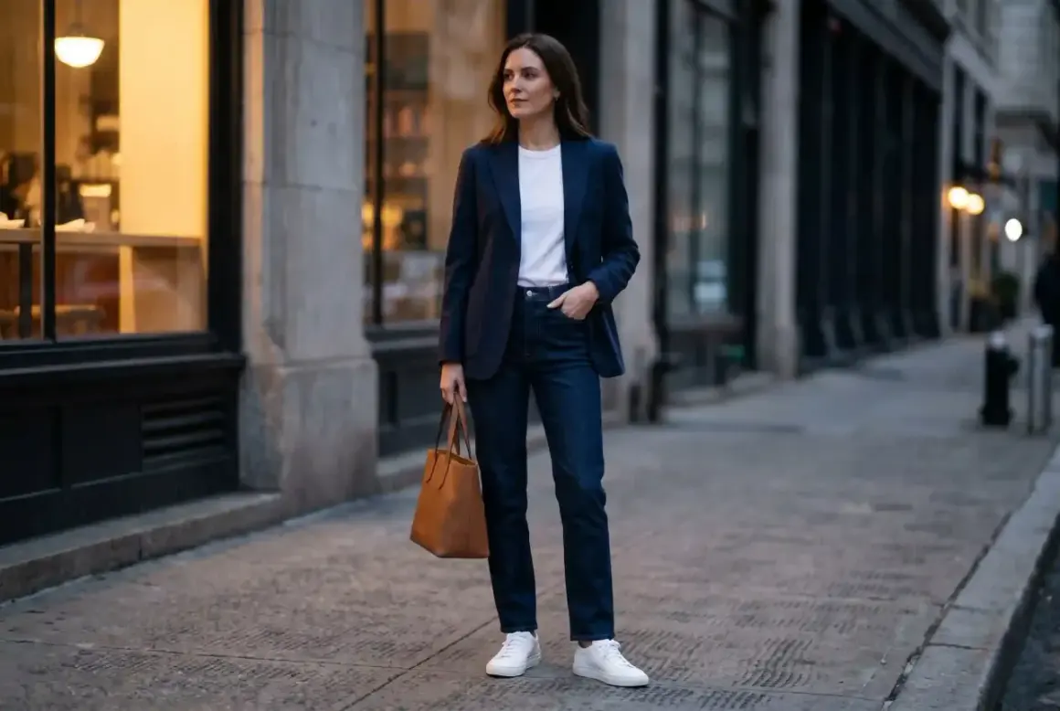 Kobieta w granatowej marynarce i jeansach, z brązową torbą, prezentuje stylowe sneakersy do marynarki.