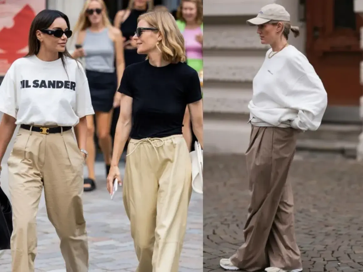 Inspiracje: jaka bluzka do beżowych spodni? Biały T-shirt, czarna koszulka lub luźna bluza świetnie komponują się z szerokimi spodniami w odcieniach beżu i brązu.
