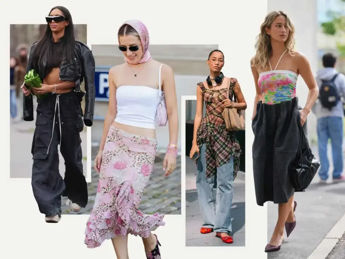 Kobiety w stylizacjach y2k: skórzana kurtka i bojówki, kwiecista spódnica i bandeau, kraciasta sukienka i jeansy, kolorowy top i szeroka spódnica.