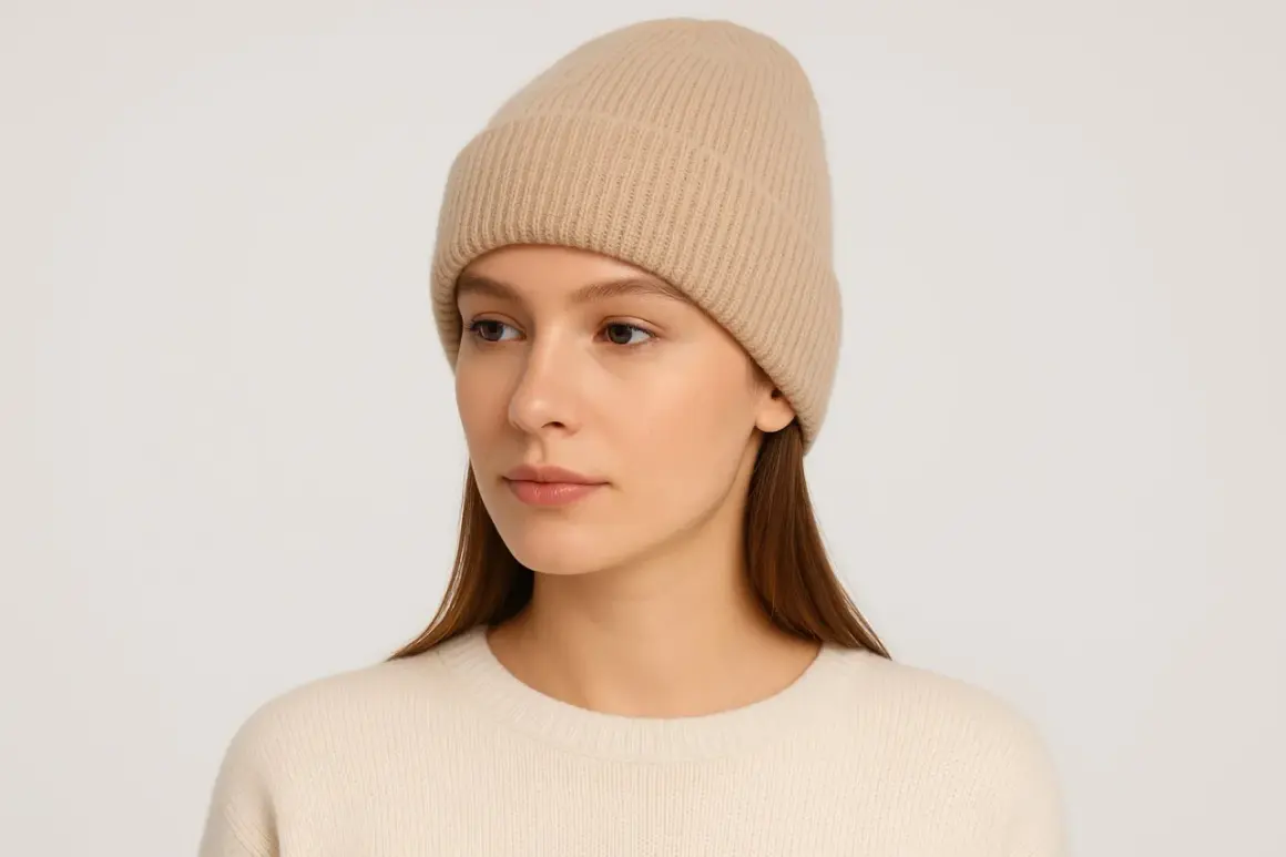 Modelka w beżowej czapce beanie, prezentująca różne rodzaje czapek.