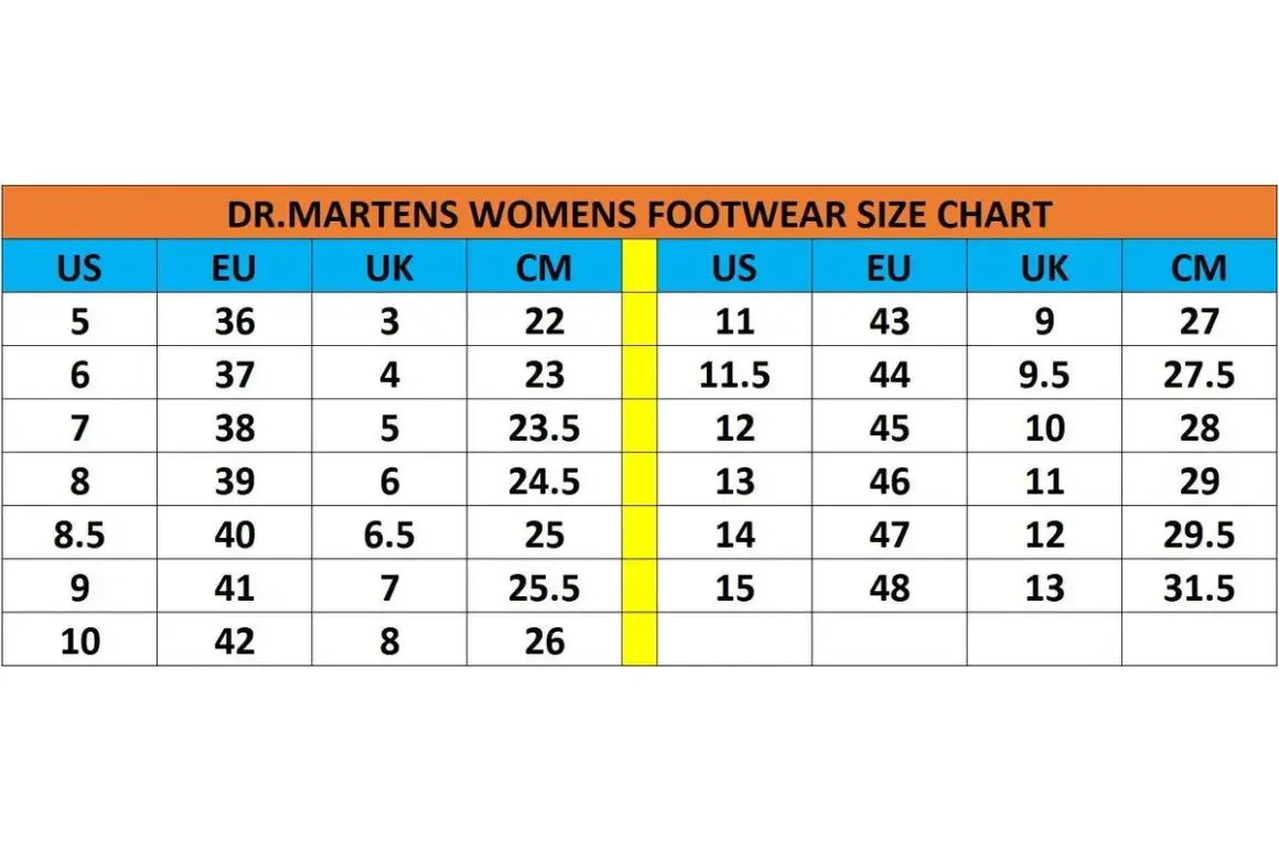 Tabela rozmiarów Dr. Martens dla kobiet: znajdź idealne dopasowanie, porównując rozmiary US, EU, UK i CM.
