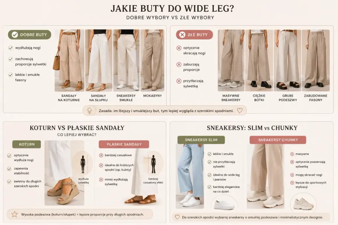 Szerokie spodnie wide leg świetnie wyglądają z butami na koturnie, które wydłużają nogi i zachowują proporcje sylwetki, w przeciwieństwie do masywnych sneakersów czy botków.