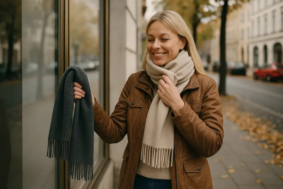Uśmiechnięta blondynka w brązowej kurtce zastanawia się, jaki kolor czapki pasuje do jej stylizacji, trzymając szary szalik.