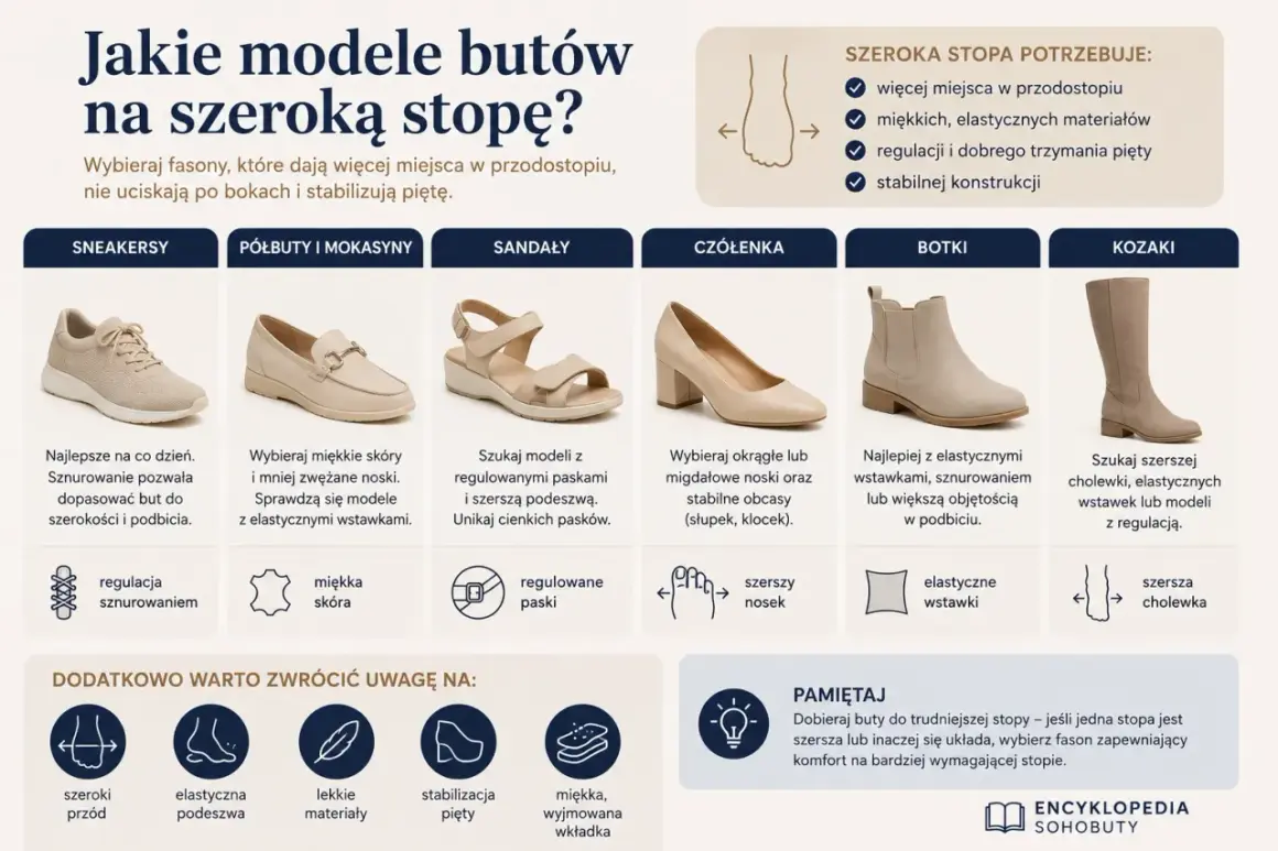 Buty damskie na szeroką stopę i wysokie podbicie: sneakersy, półbuty, sandały, czółenka, botki, kozaki.