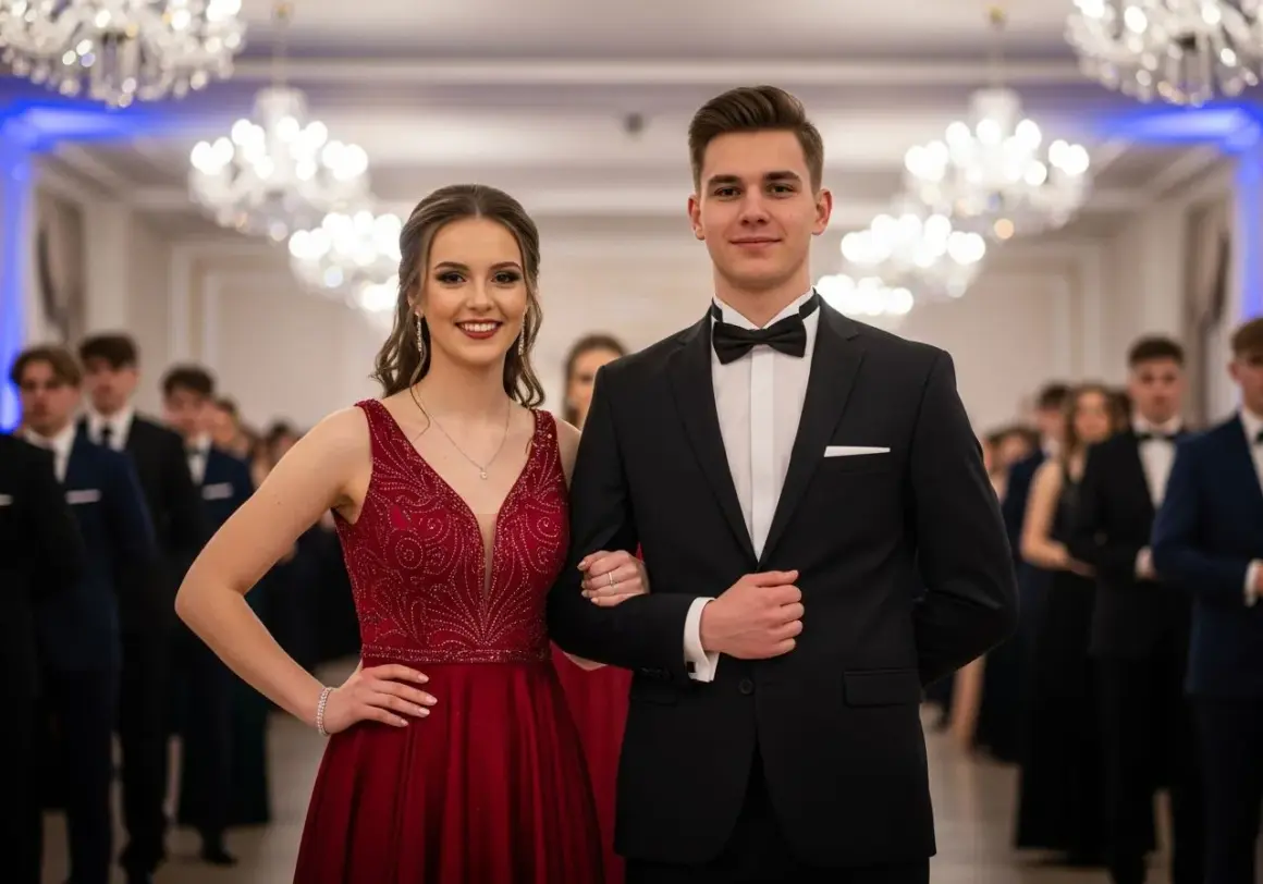 Elegancka para na studniówce. Ona w czerwonej sukni, on w czarnym smokingu. Inspiracja, jak ubrać się na studniówkę.
