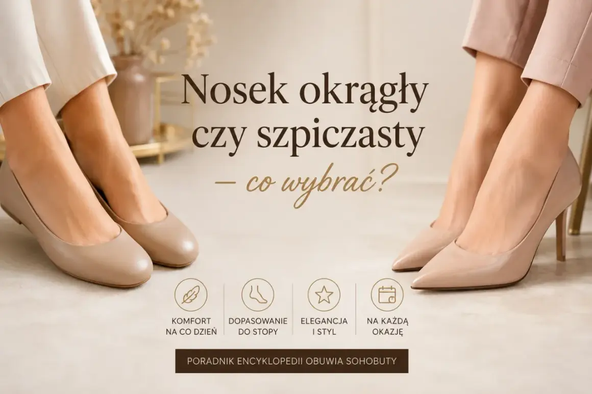 Dwie pary eleganckich butów: po lewej płaskie baleriny z okrągłym noskiem, po prawej szpilki ze szpiczastym czubkiem buta.