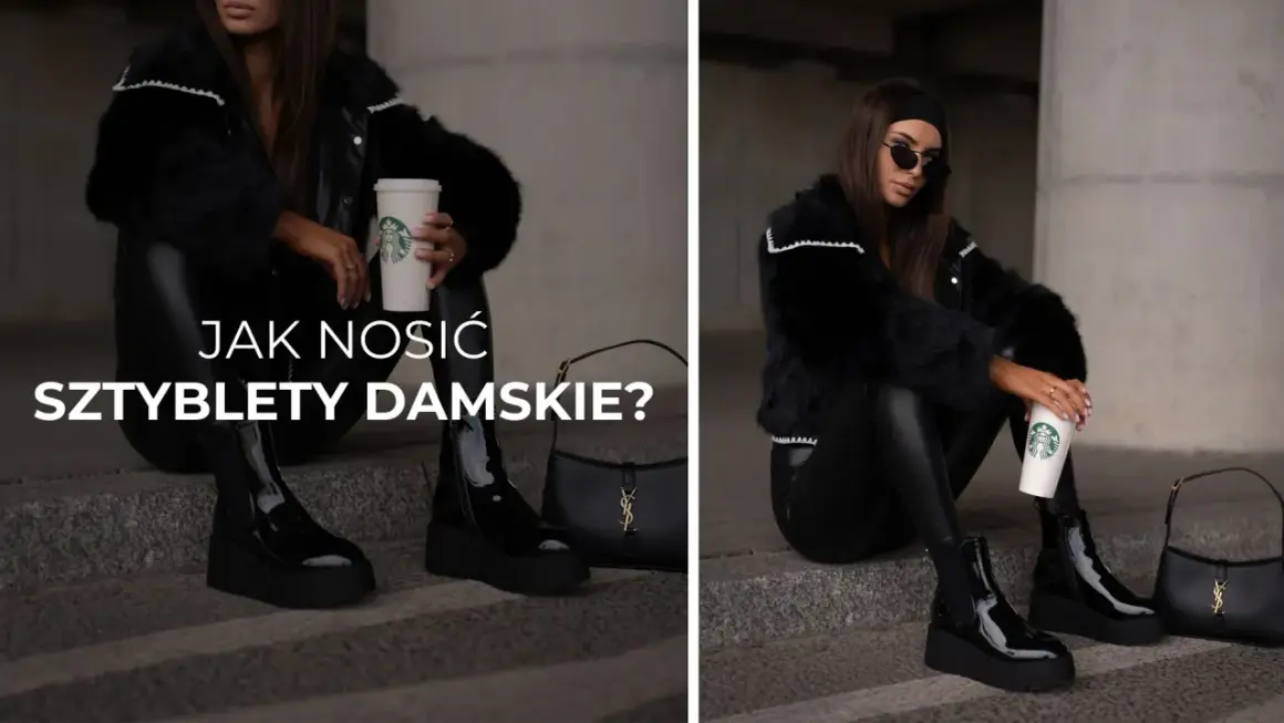 Elegancka kobieta w czarnym futrze i lakierowanych sztybletach damskich, z kubkiem kawy i torebką. Inspiracja: jak nosić sztyblety damskie.