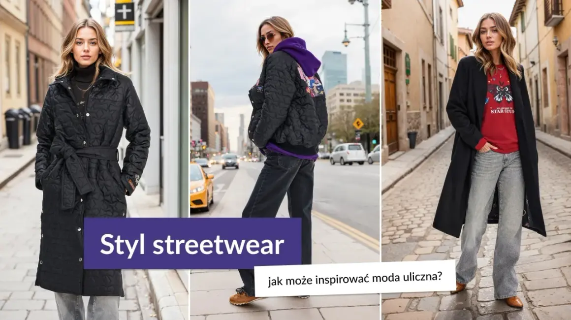 Trzy kobiety w stylizacjach streetwear na tle miejskich ulic.