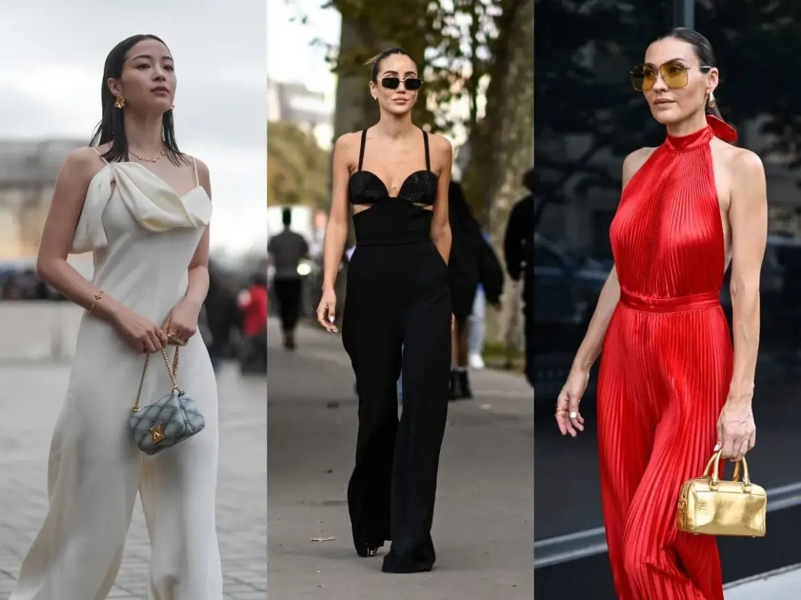 Eleganckie stylizacje: biały, czarny i czerwony kombinezon. Jakie dodatki do czarnego kombinezonu na wesele? Złota torebka, okulary, biżuteria.