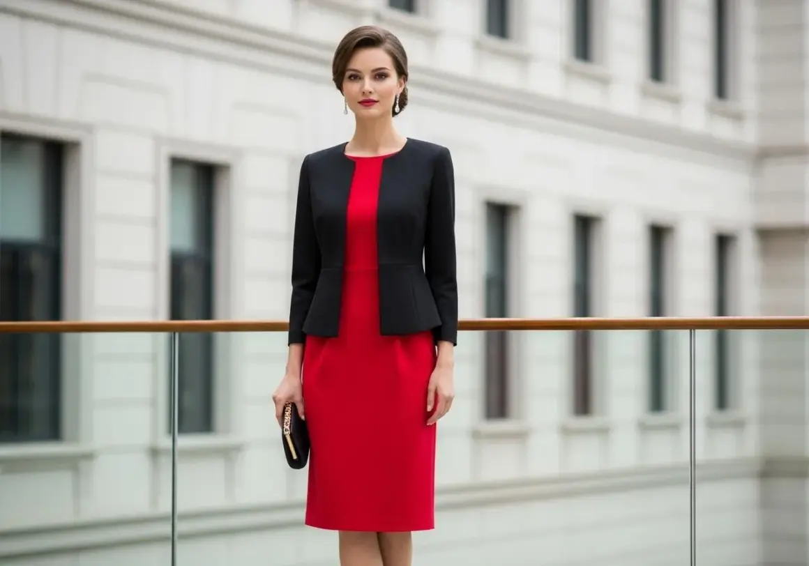 Elegancka kobieta w czerwonej sukience i czarnej marynarce. Idealne połączenie co na górę do rozkloszowanej sukienki, tworzące szykowny zestaw.