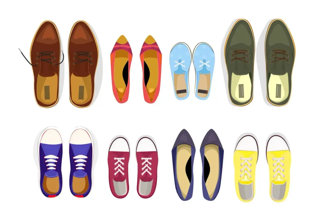 Różnorodne buty: eleganckie brązowe, kolorowe baleriny, niebieskie trampki, zielone półbuty, bordowe trampki, granatowe czółenka i żółte trampki. Różne rozmiary butów angielskich.