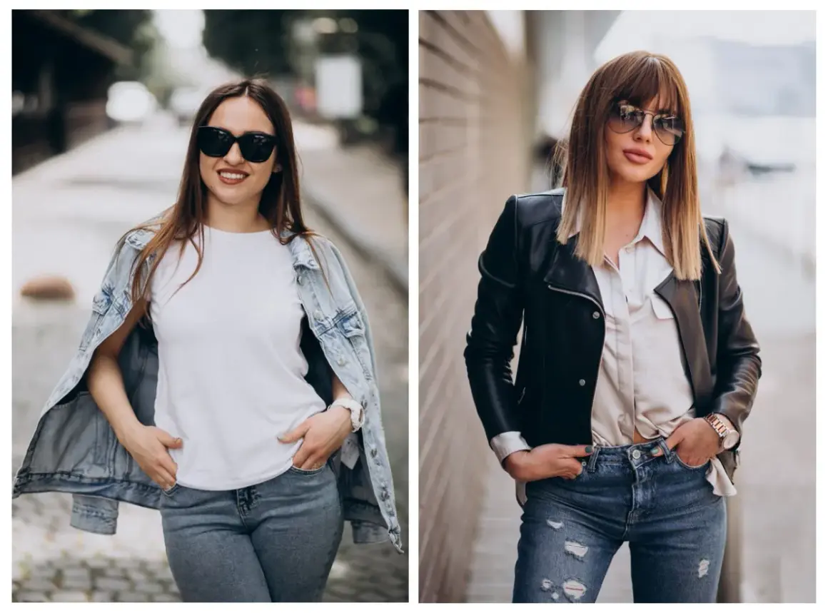 Dwie kobiety prezentują stylowy outfit na koncert: jedna w jeansowej kurtce i białej koszulce, druga w skórzanej ramonesce i satynowej bluzce.
