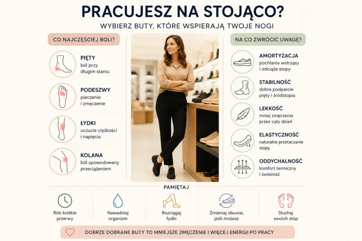 Jakie buty do pracy stojącej? Kobieta w sklepie obuwniczym pokazuje, na co zwrócić uwagę przy wyborze obuwia, by uniknąć bólu stóp i nóg.