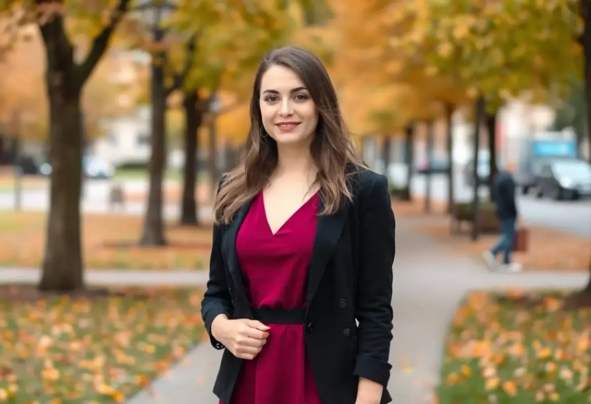 Elegancka kobieta w bordowej sukience i czarnym żakiecie, idealny zestaw na jesienny spacer.