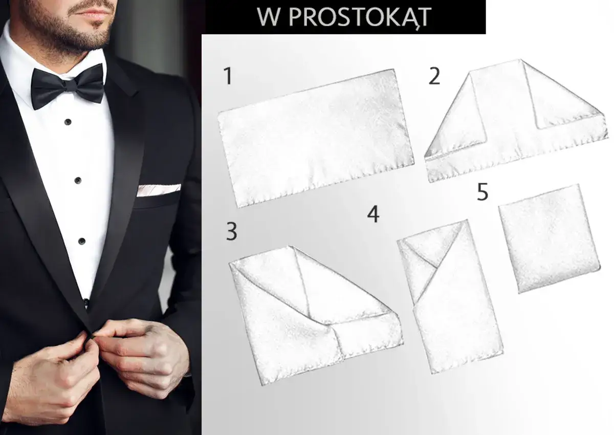 Instrukcja krok po kroku, jak złożyć poszetkę do garnituru w prostokąt. Elegancki mężczyzna w smokingu prezentuje gotową poszetkę.
