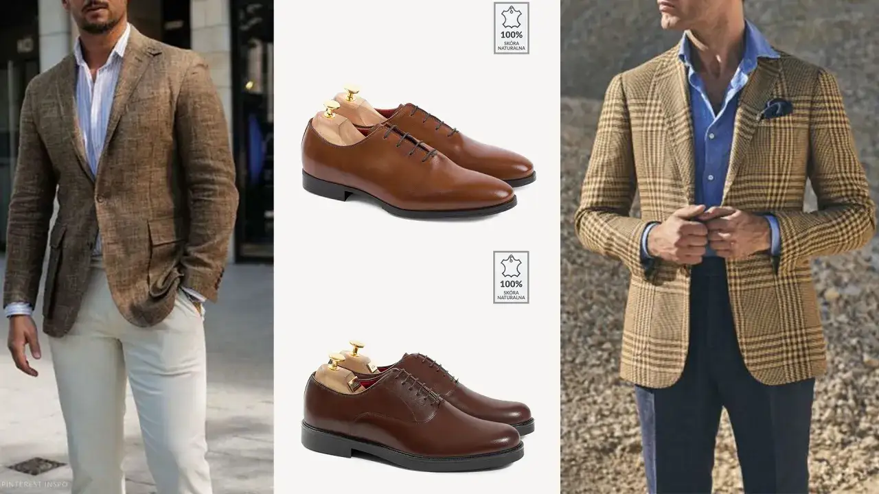 Eleganckie stylizacje dla mężczyzny na komunię: brązowa marynarka, jasne spodnie i skórzane buty.
