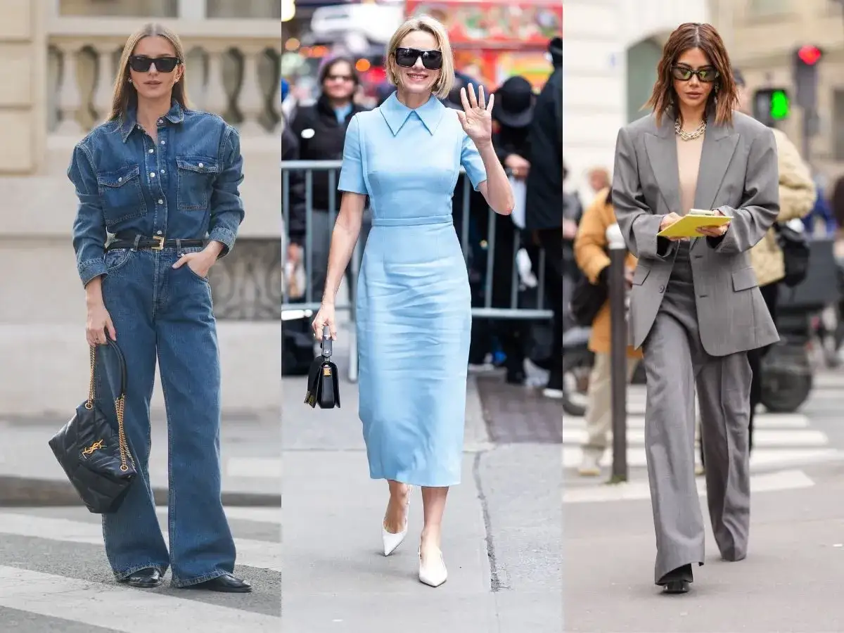 Trzy kobiety w modnych stylizacjach: jeansowy kombinezon, błękitna sukienka i szary garnitur. Każda z nich tworzy elegancką sylwetkę kolumnę.