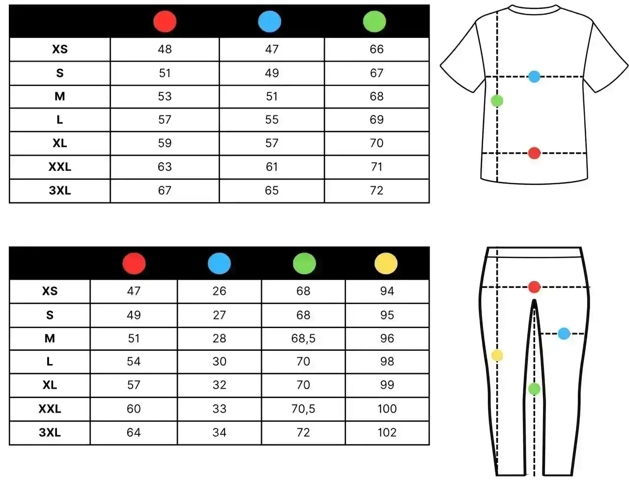 Tabela rozmiarów spodni z wymiarami w centymetrach dla różnych rozmiarów od XS do 3XL.
