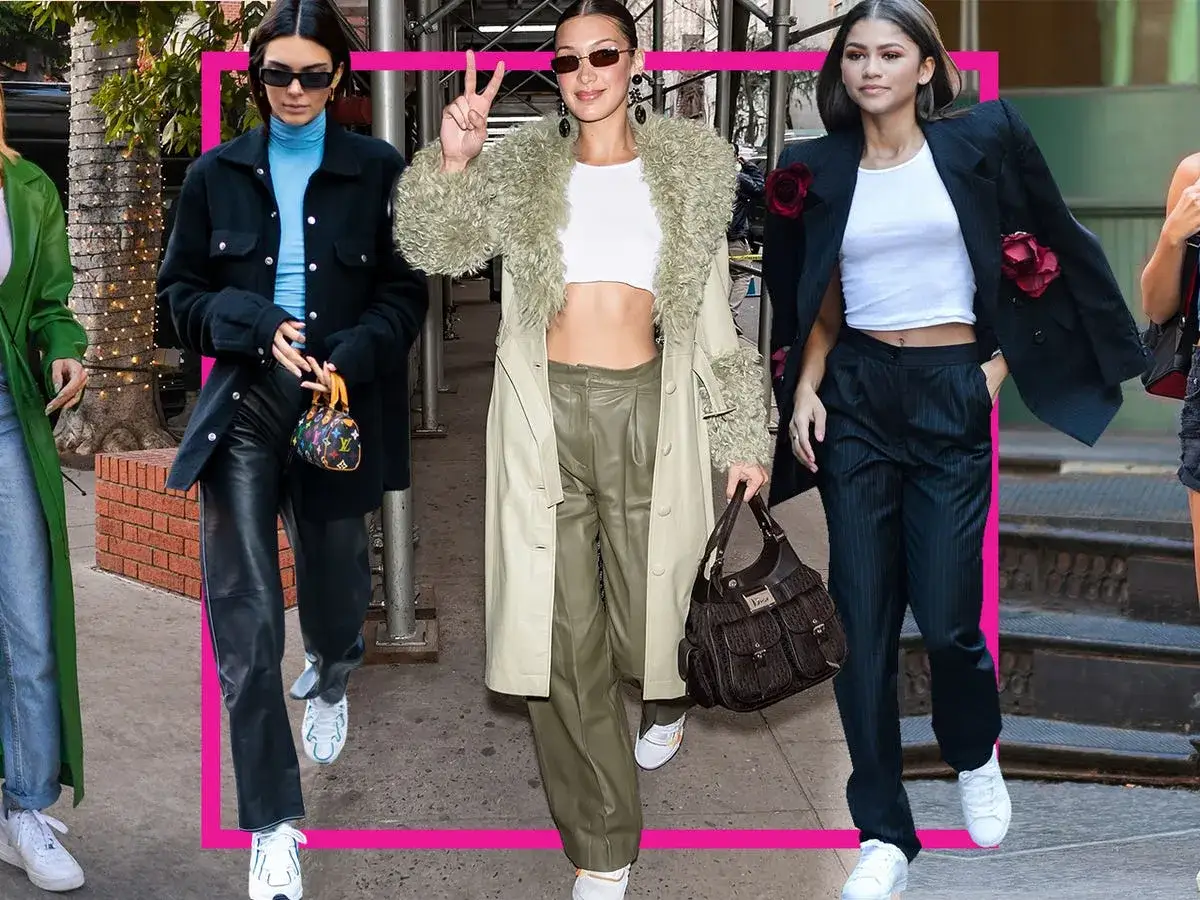 Modne sneakersy stylizacje: Kendall Jenner w skórze, Bella Hadid w futrzanym płaszczu i Zendaya w eleganckim garniturze.
