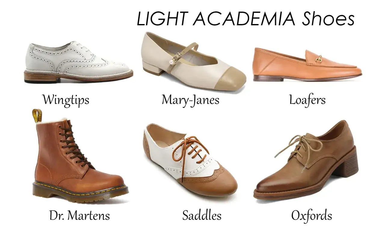 Kolekcja but&oacute;w w stylu light academia: wingtips, Mary-Janes, loafersy, Dr. Martens, sedle i oksfordy.