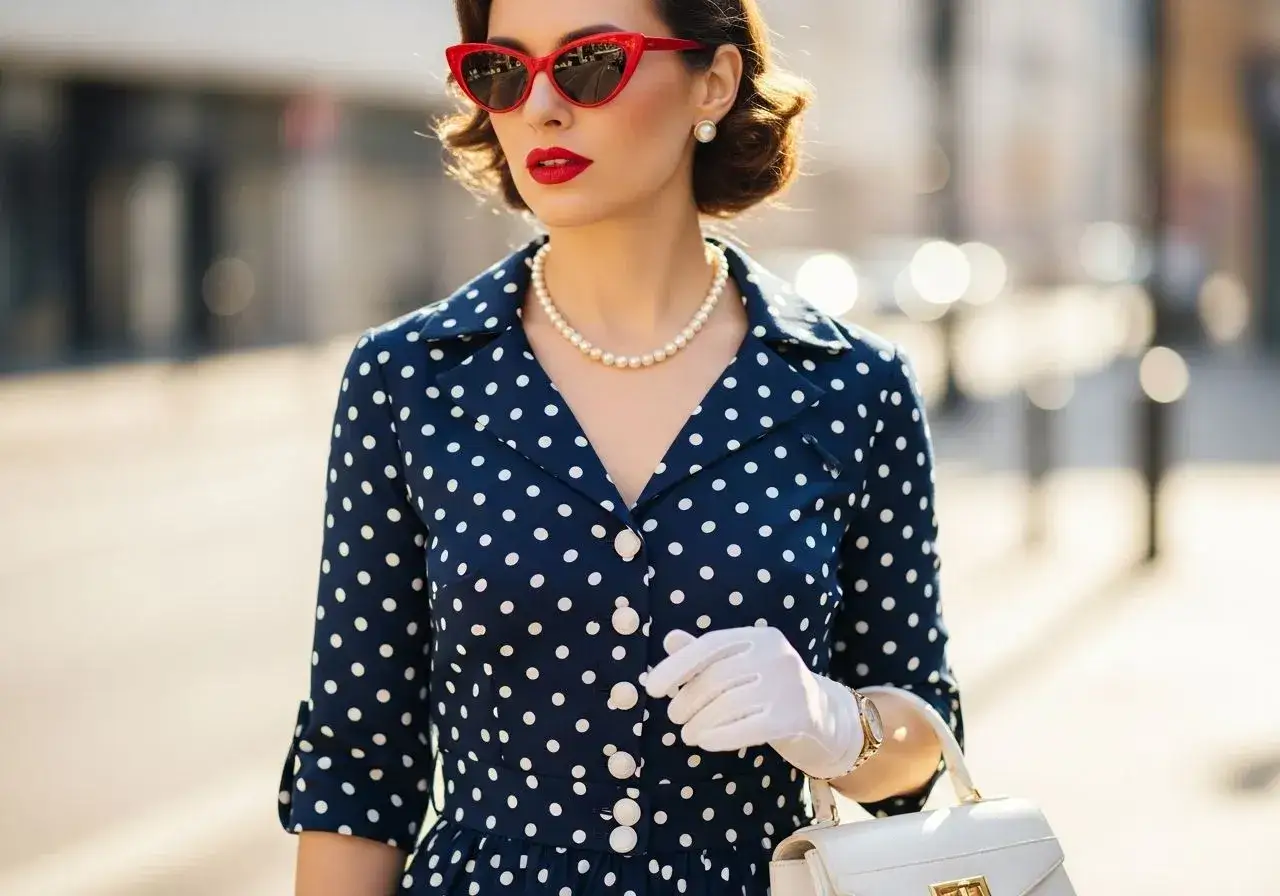 Elegancka kobieta w granatowej sukience w groszki, białych rękawiczkach i czerwonych okularach przeciwsłonecznych. Stylowa stylizacja retro.