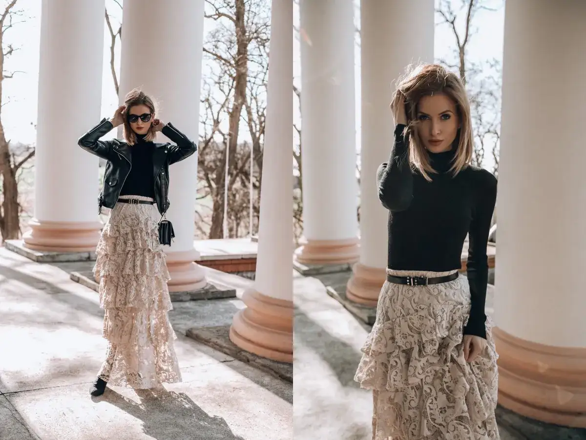 Elegancka długa spódnica w stylizacjach z ramoneską i golfem. Dwie kobiety prezentują modne zestawy.