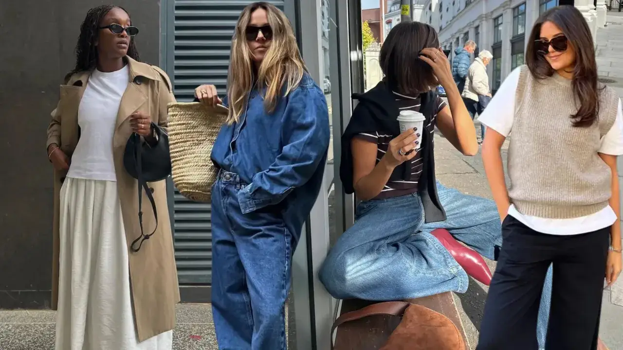 Cztery kobiety prezentują styl casual damski: trencz, denimowy total look, jeansy z kamizelką i eleganckie spodnie.