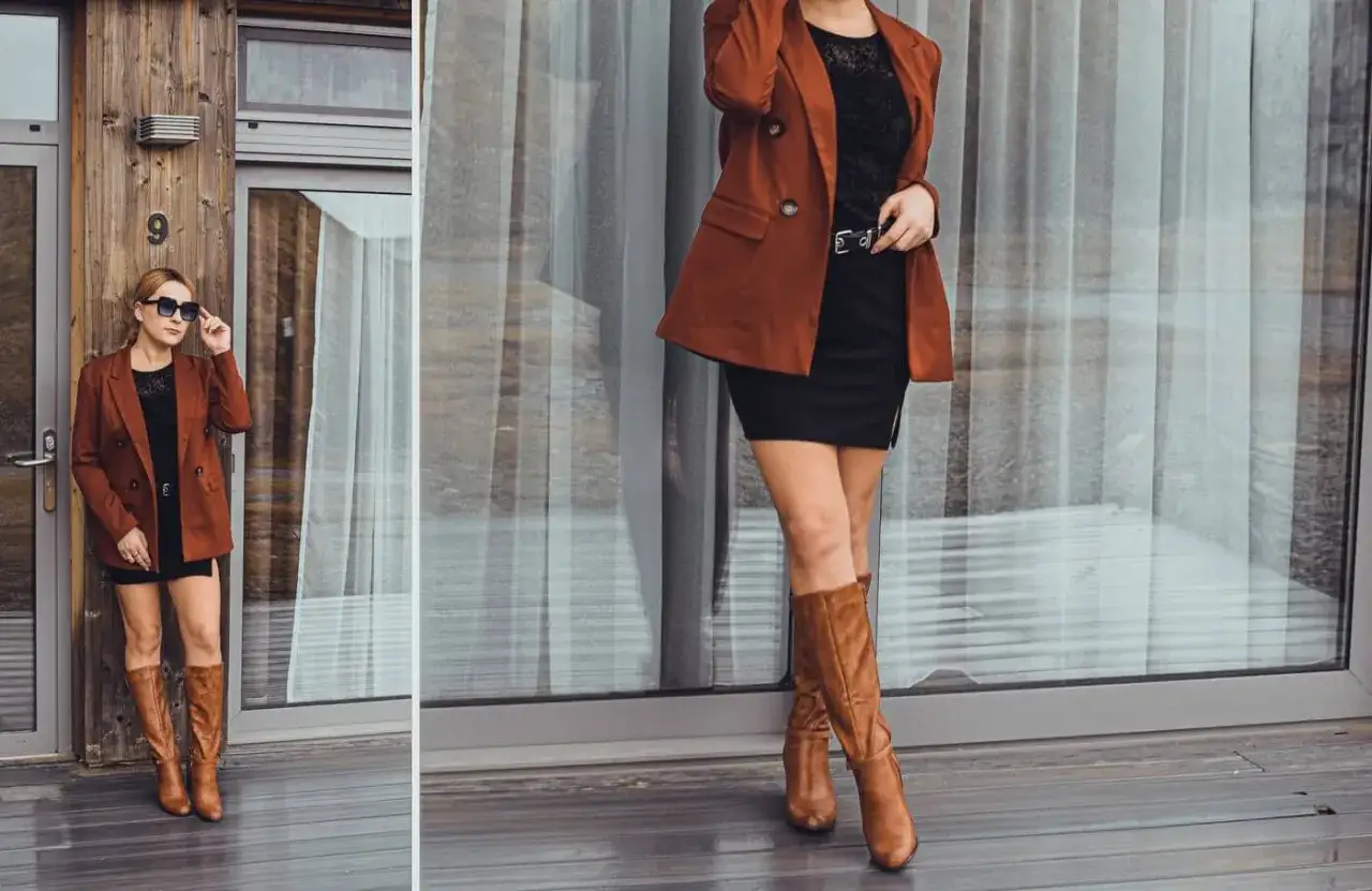 Elegancka stylizacja z camelowymi kozakami, czarną mini spódniczką i brązową marynarką. Idealna na jesienne wyjście.