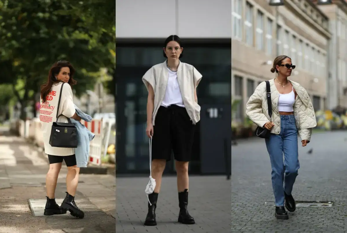 Trzy kobiety prezentują stylowe outfity. Pierwsza w luźnej bluzie i kolarkach, druga w czarnych szortach i kamizelce, trzecia w jeansach i pikowanej kurtce. To inspiracje, jak stworzyć modny matching co to za zestaw.