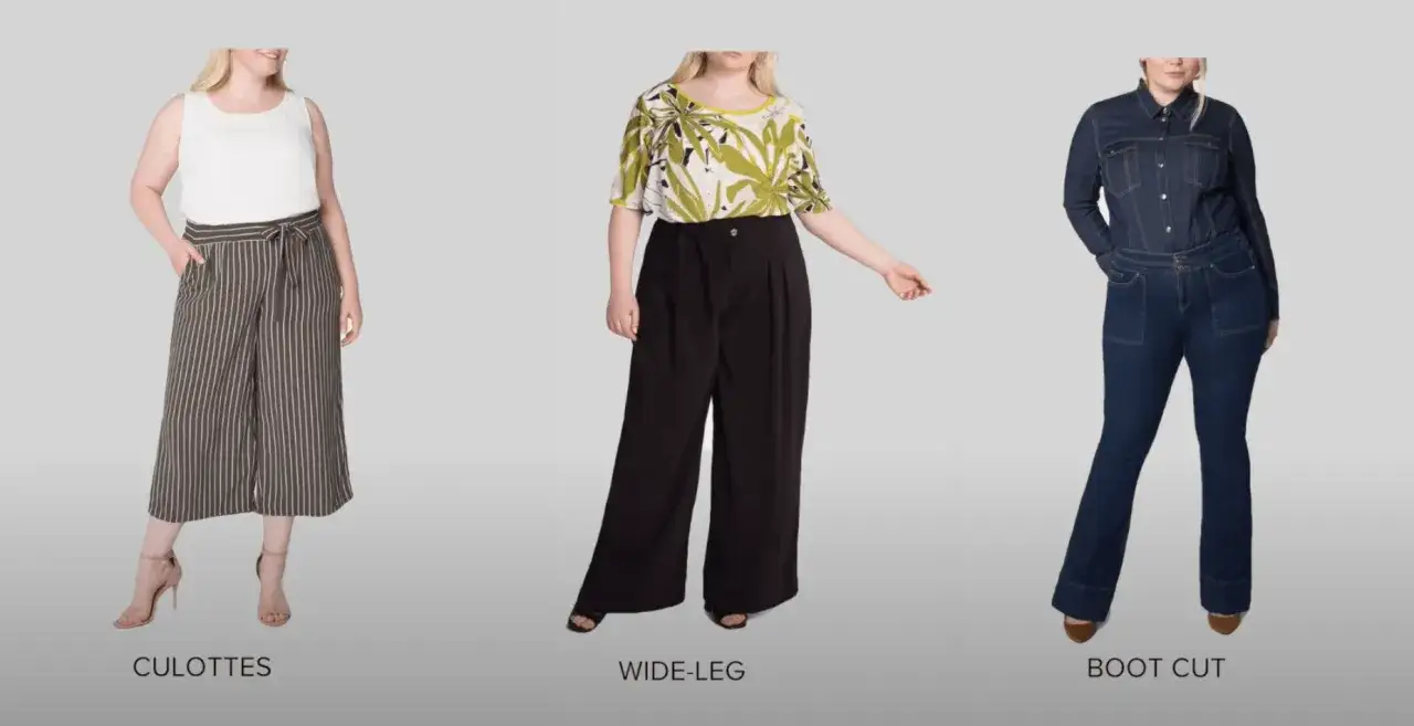 Kobiety o figurze klepsydra prezentują trzy fasony spodni: culottes w paski, szerokie czarne oraz jeansowe boot cut.