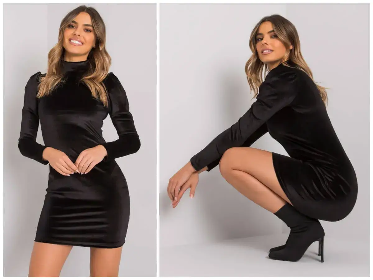 Elegancka czarna welurowa sukienka z bufiastymi rękawami. Idealnie pasuje do botków na obcasie, tworząc stylowy look. Jakie buty do welurowej sukienki? Botki to świetny wybór!