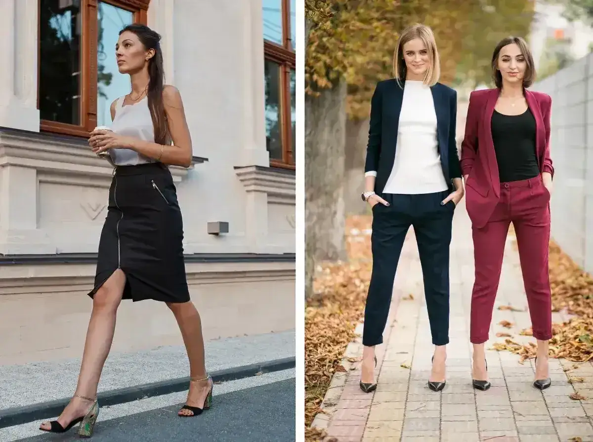Eleganckie stylizacje dla kobiet: czarna spódnica i top, granatowy i bordowy garnitur. Idealne inspiracje, jak się ubrać na imprezę firmową.