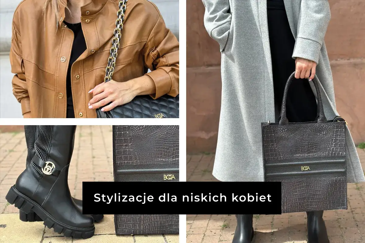 Stylizacje dla niskich kobiet: skórzana kurtka, kozaki i torebka. 155 cm wzrostu to żaden problem!