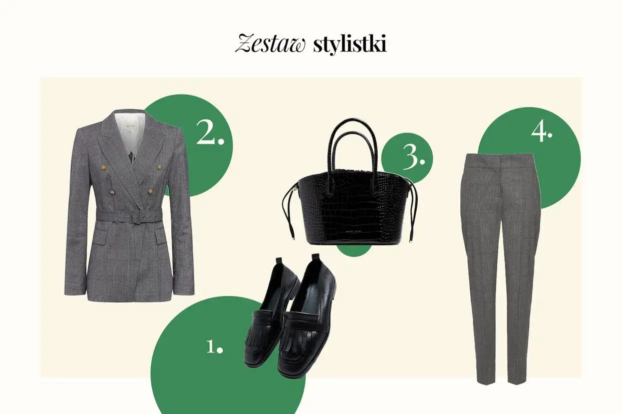 Elegancki zestaw: dwurzędowa marynarka, spodnie w kratę, czarne mokasyny i torebka. Idealny pomysł, jak się ubrać na spotkanie biznesowe.