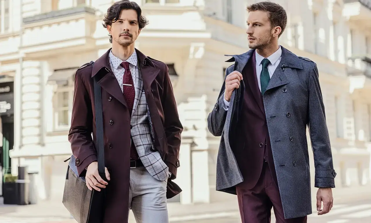 Dwóch eleganckich mężczyzn w garniturach. Jeden w bordowym płaszczu i brązowych butach do czarnego garnituru, drugi w szarym płaszczu.
