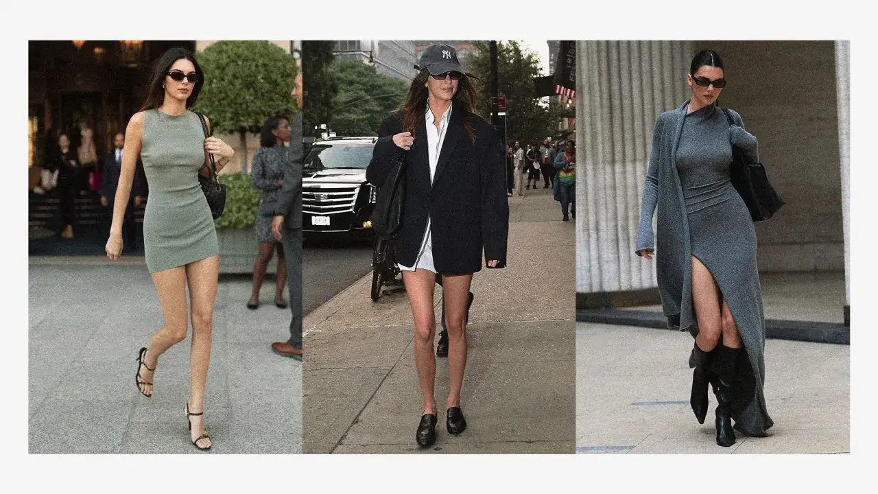 Trzy stylizacje w stylu quiet luxury: obcisła sukienka, oversize'owa marynarka z szortami i długa sukienka z rozcięciem.