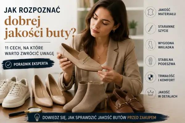 Kobieta prezentuje różne rodzaje butów, od sneakersów po eleganckie mokasyny, podkreślając jakość wykonania i materiałów.