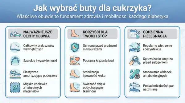 Wybór odpowiednich butów dla cukrzyka: brak szwów, szerokie noski, amortyzacja. Dbaj o stopy, by uniknąć urazów i poprawić krążenie.