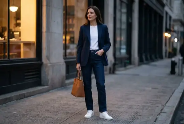 Kobieta w granatowej marynarce i jeansach, z brązową torbą, prezentuje stylowe sneakersy do marynarki.