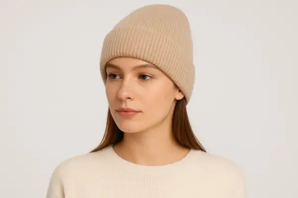 Modelka w beżowej czapce beanie, prezentująca różne rodzaje czapek.