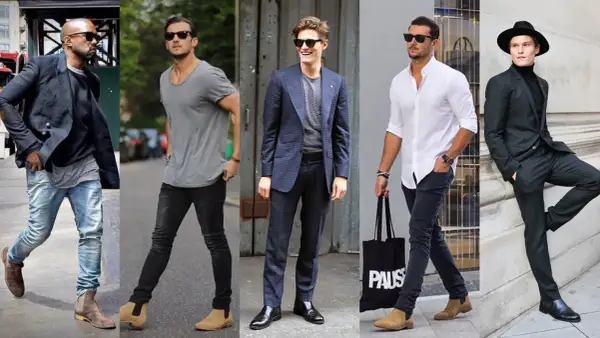 Mężczyźni w stylowych stylizacjach, od casualowych po eleganckie. Wszyscy noszą modne sztyblety, co to za buty?